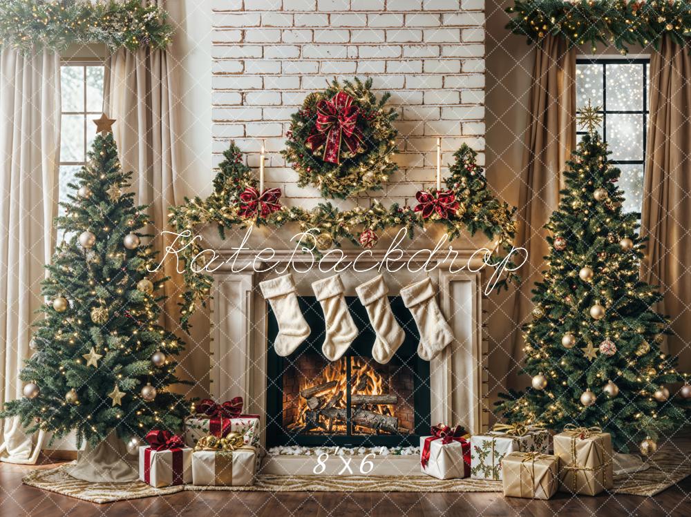 Kate White Brick Wall Christmas Tree Fireplace Backdrop Designed by Emetselch - Kate Backdrop AU