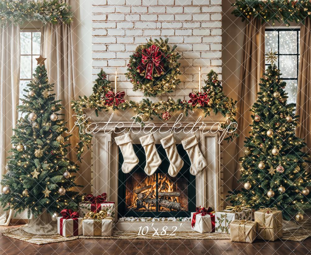 Kate White Brick Wall Christmas Tree Fireplace Backdrop Designed by Emetselch - Kate Backdrop AU