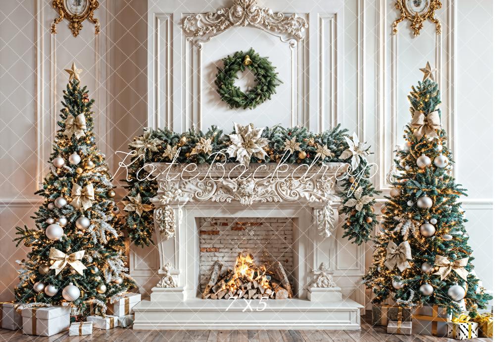 Kate Christmas Tree White Fireplace Wreath Backdrop Designed by Emetselch - Kate Backdrop AU