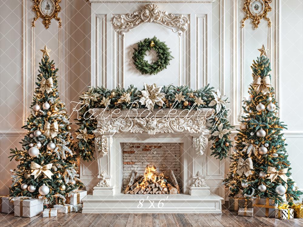 Kate Christmas Tree White Fireplace Wreath Backdrop Designed by Emetselch - Kate Backdrop AU