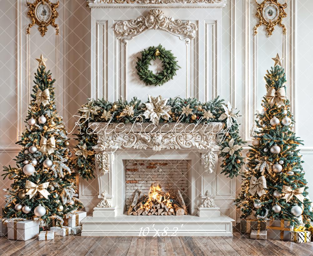 Kate Christmas Tree White Fireplace Wreath Backdrop Designed by Emetselch - Kate Backdrop AU