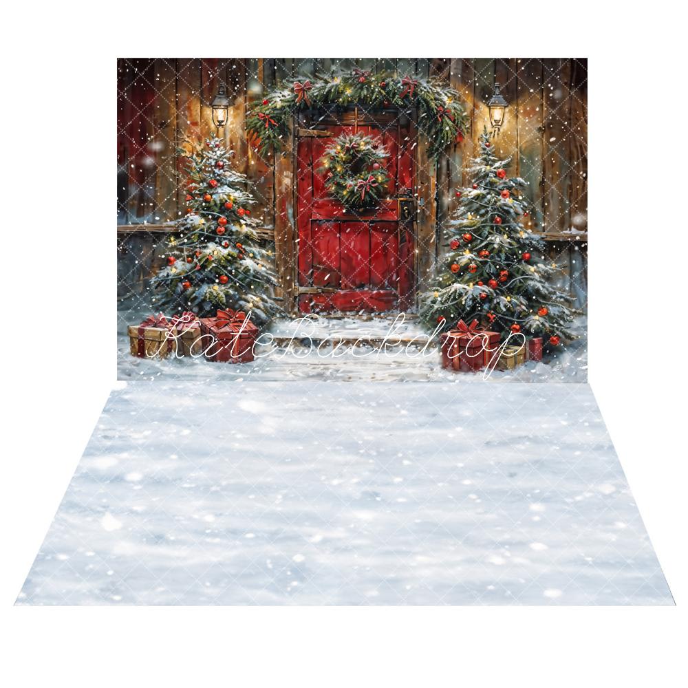 Kate Winter Christmas Red Door Backdrop+White Snow Floor Backdrop - Kate Backdrop AU