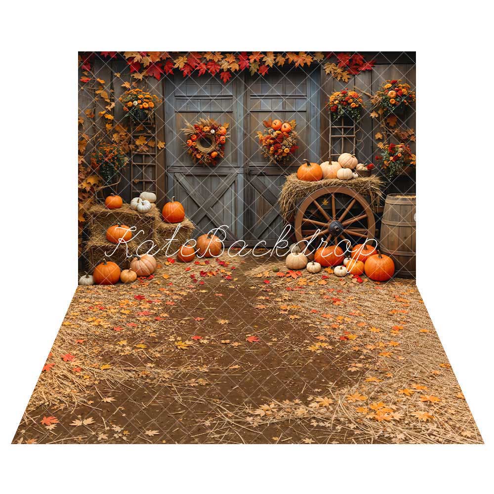 Kate Fall Barn Door Maple Pumpkin Backdrop+Fallen Leaves Path Floor Backdrop - Kate Backdrop AU