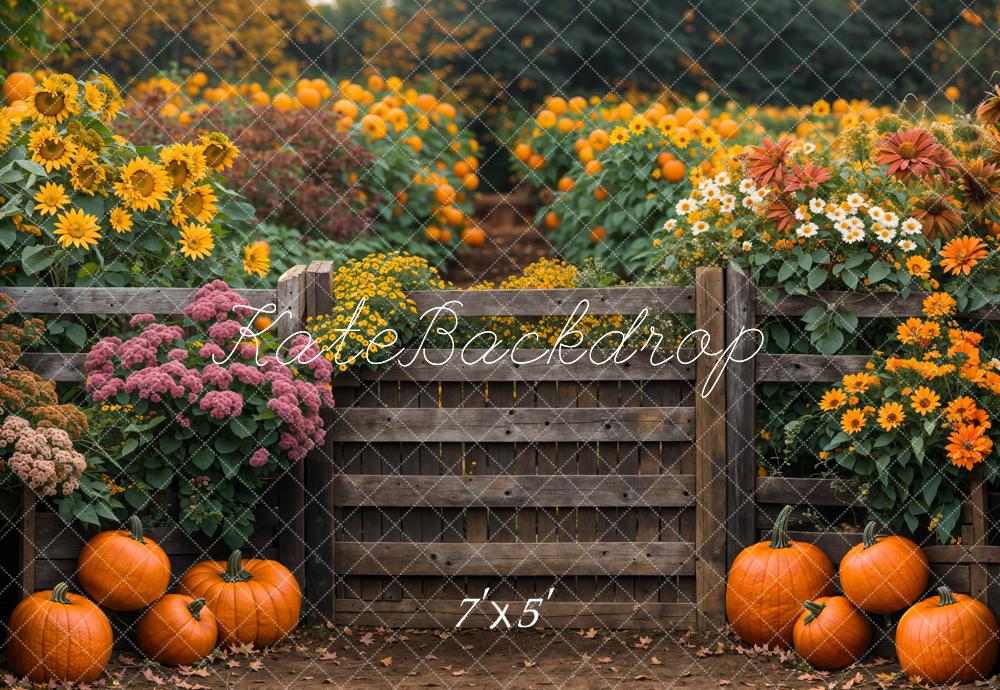Kate Autumn Flowers Sunflowers Wooden Fence Backdrop Designed by Emetselch - Kate Backdrop AU