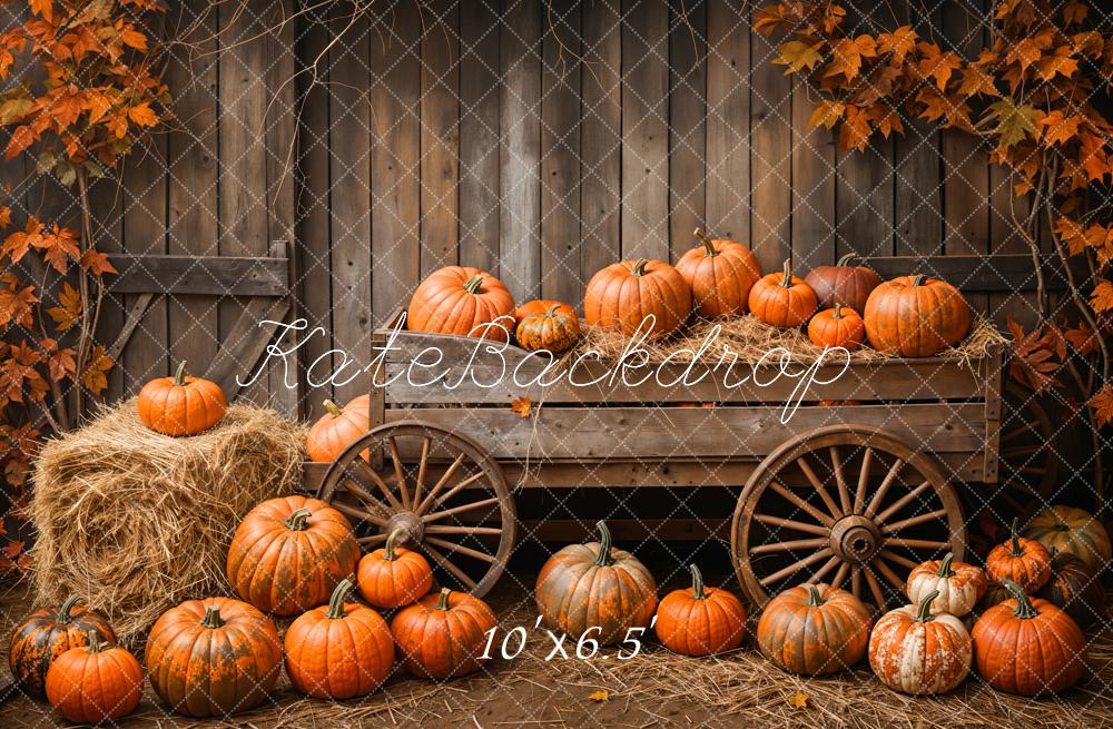 Kate Wooden Pumpkin Cart Maple Leaves Backdrop Designed by Emetselch - Kate Backdrop AU