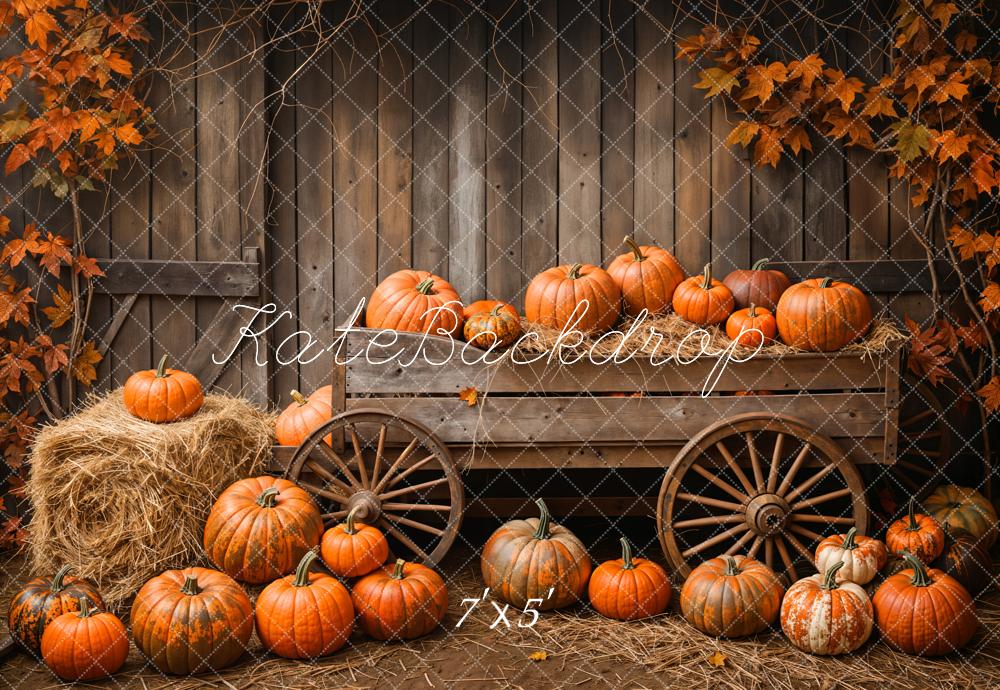 Kate Wooden Pumpkin Cart Maple Leaves Backdrop Designed by Emetselch - Kate Backdrop AU