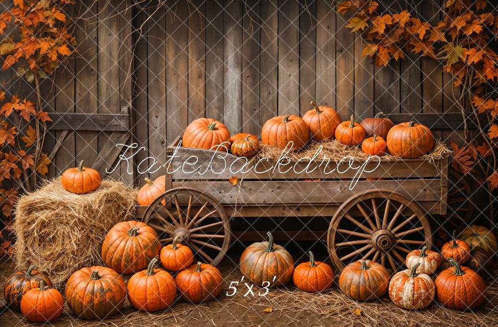 Kate Wooden Pumpkin Cart Maple Leaves Backdrop Designed by Emetselch - Kate Backdrop AU
