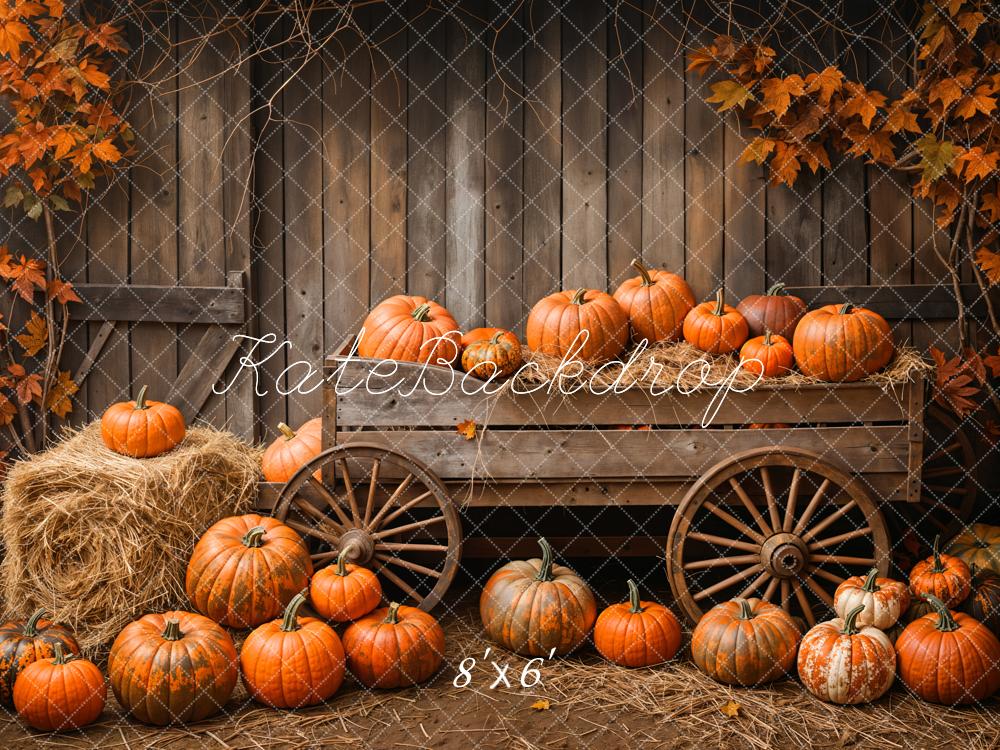 Kate Wooden Pumpkin Cart Maple Leaves Backdrop Designed by Emetselch - Kate Backdrop AU