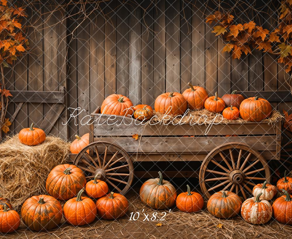 Kate Wooden Pumpkin Cart Maple Leaves Backdrop Designed by Emetselch - Kate Backdrop AU