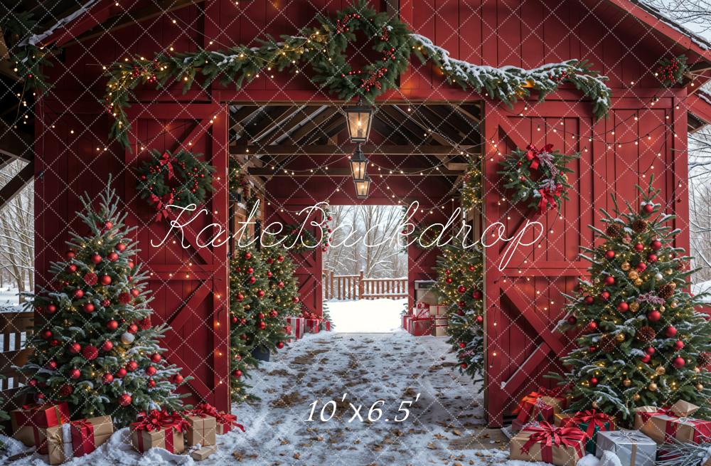 Kate Winter Red Log House Christmas Tree Backdrop Designed by Emetselch - Kate Backdrop AU