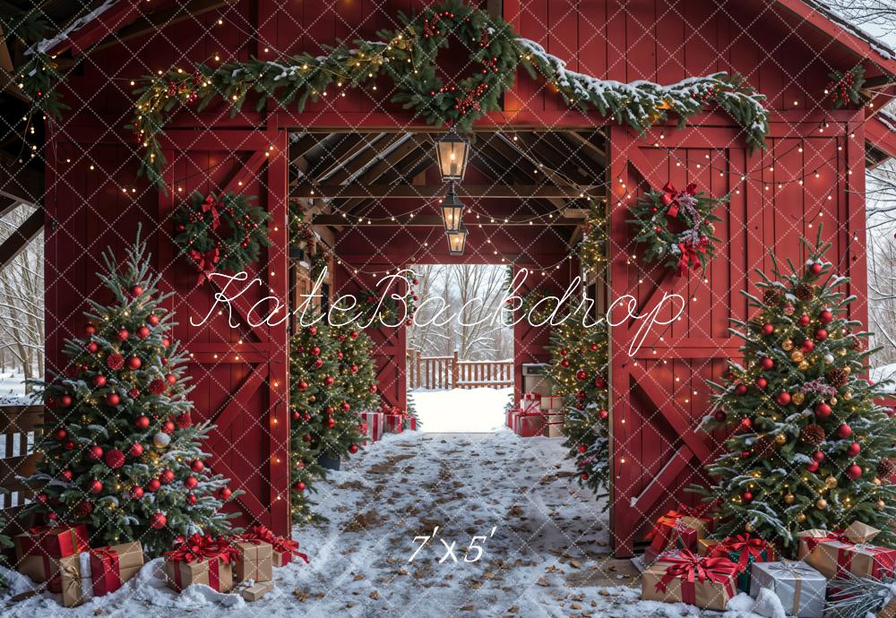 Kate Winter Red Log House Christmas Tree Backdrop Designed by Emetselch - Kate Backdrop AU