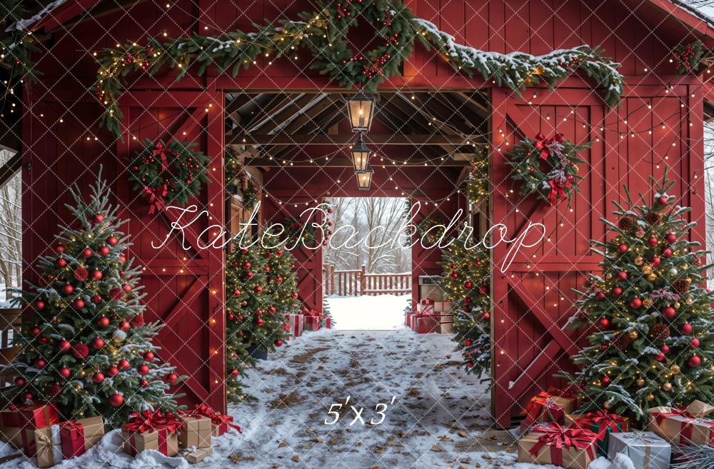 Kate Winter Red Log House Christmas Tree Backdrop Designed by Emetselch - Kate Backdrop AU