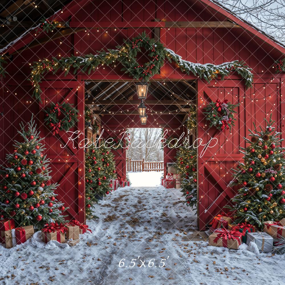 Kate Winter Red Log House Christmas Tree Backdrop Designed by Emetselch - Kate Backdrop AU