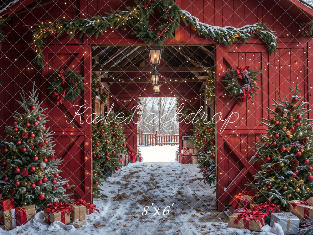 Kate Winter Red Log House Christmas Tree Backdrop Designed by Emetselch - Kate Backdrop AU