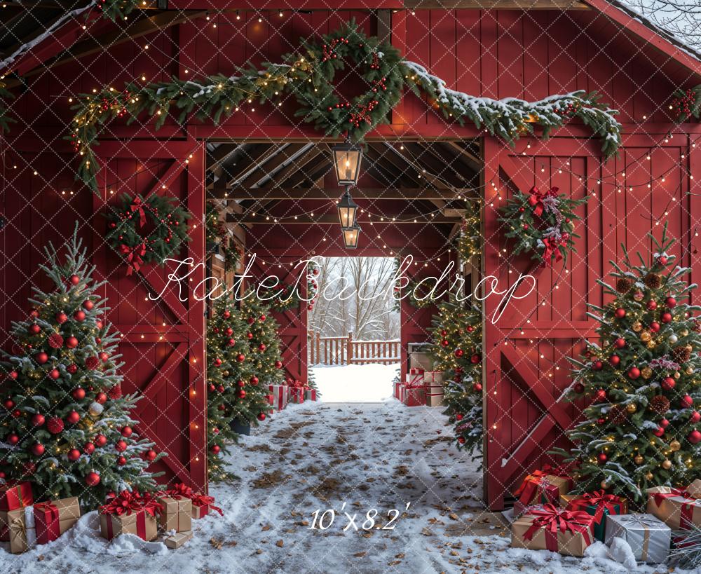 Kate Winter Red Log House Christmas Tree Backdrop Designed by Emetselch - Kate Backdrop AU
