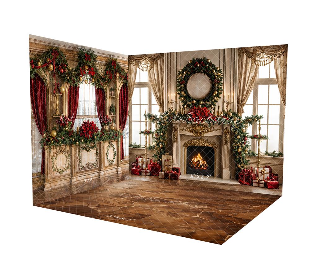 Kate Christmas Fireplace Retro Curtain Window Wreath Room Set - Kate Backdrop AU