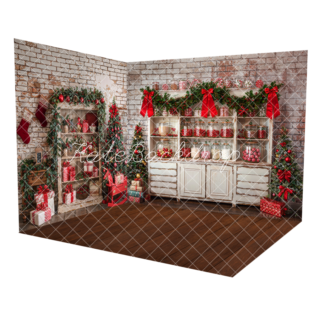 Kate Christmas Brick Wall Candy Gifts Room Set(8ftx8ft&10ftx8ft&8ftx10ft) - Kate Backdrop AU