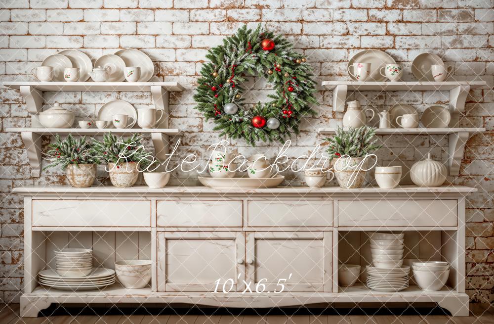 Kate Christmas Backdrop White Cabinet Brick Wall Wreath Designed by Emetselch - Kate Backdrop AU