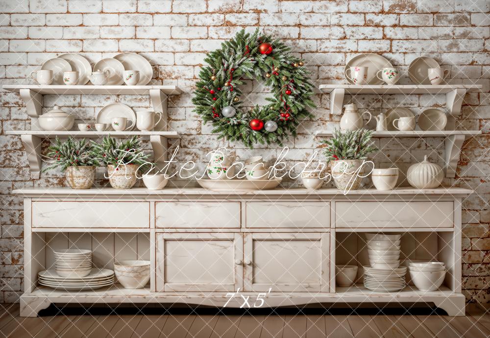 Kate Christmas Backdrop White Cabinet Brick Wall Wreath Designed by Emetselch - Kate Backdrop AU