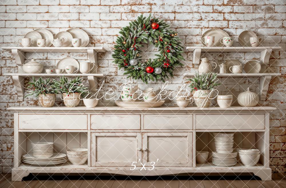 Kate Christmas Backdrop White Cabinet Brick Wall Wreath Designed by Emetselch - Kate Backdrop AU