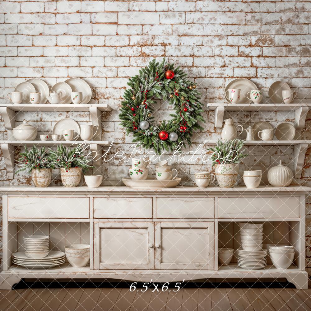 Kate Christmas Backdrop White Cabinet Brick Wall Wreath Designed by Emetselch - Kate Backdrop AU