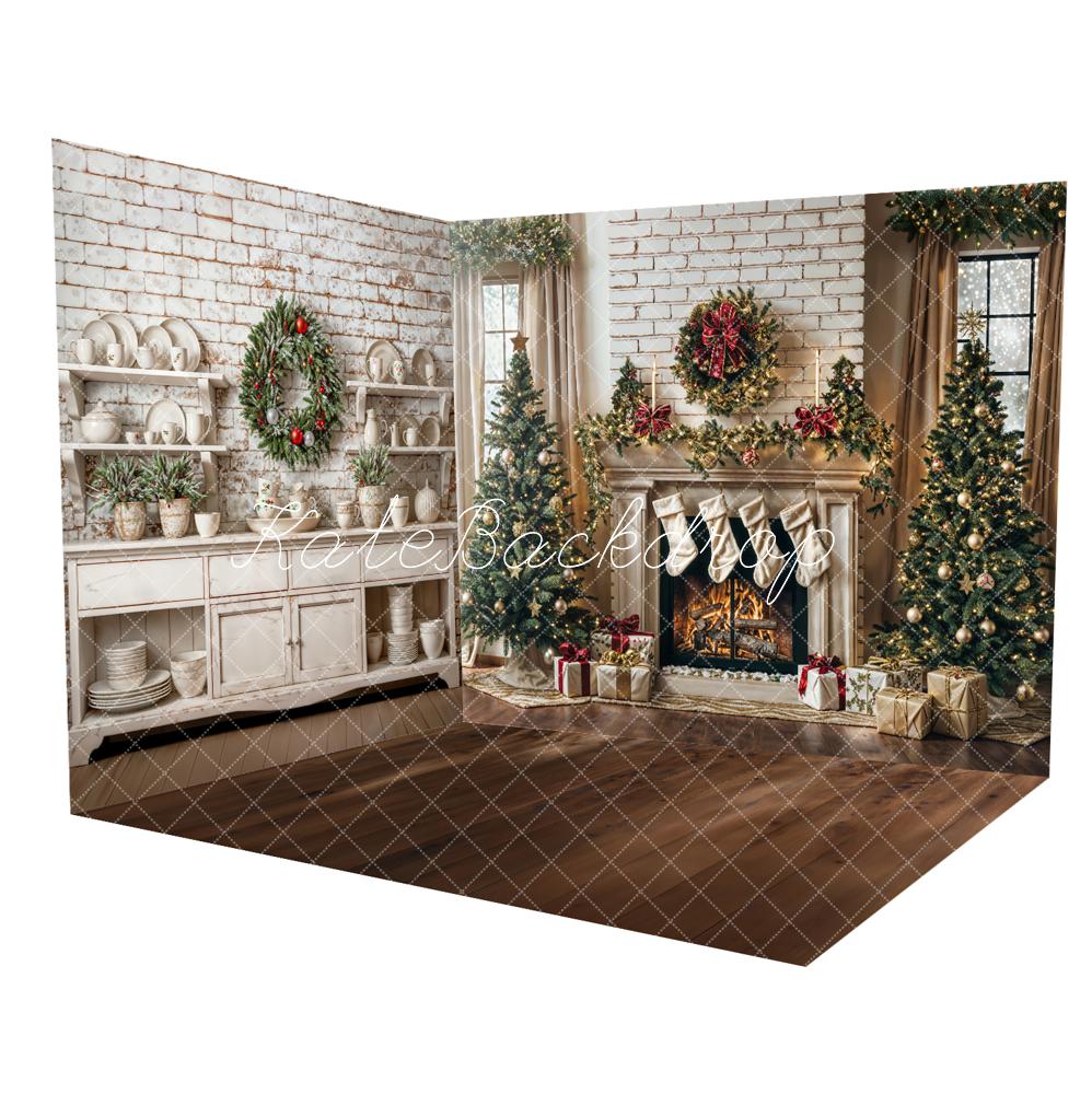 Kate Christmas Tree Fireplace White Brick Wall Kitchen Room Set(8ftx8ft&10ftx8ft&8ftx10ft) - Kate Backdrop AU