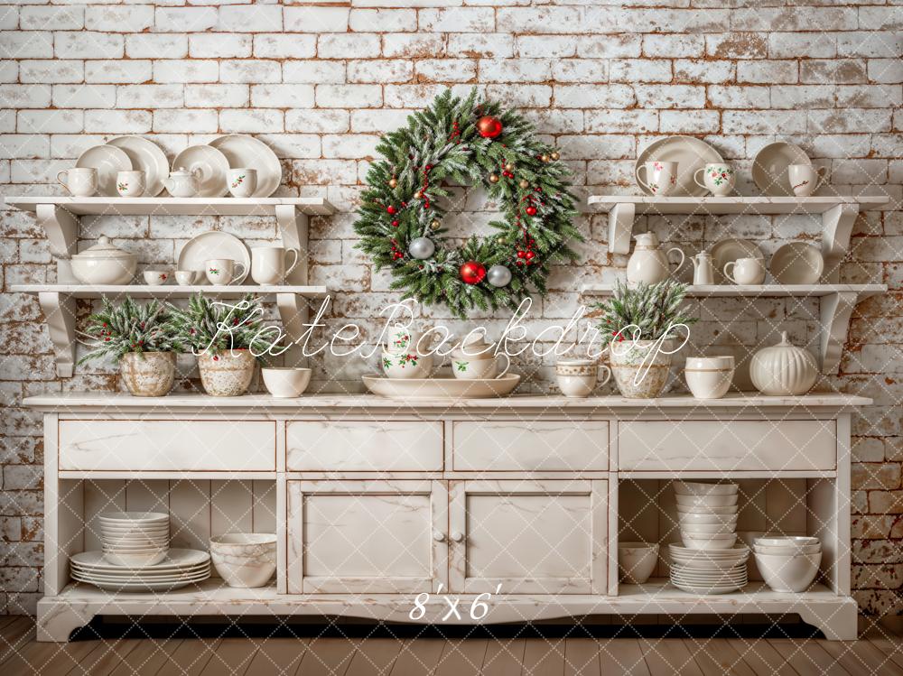 Kate Christmas Backdrop White Cabinet Brick Wall Wreath Designed by Emetselch - Kate Backdrop AU