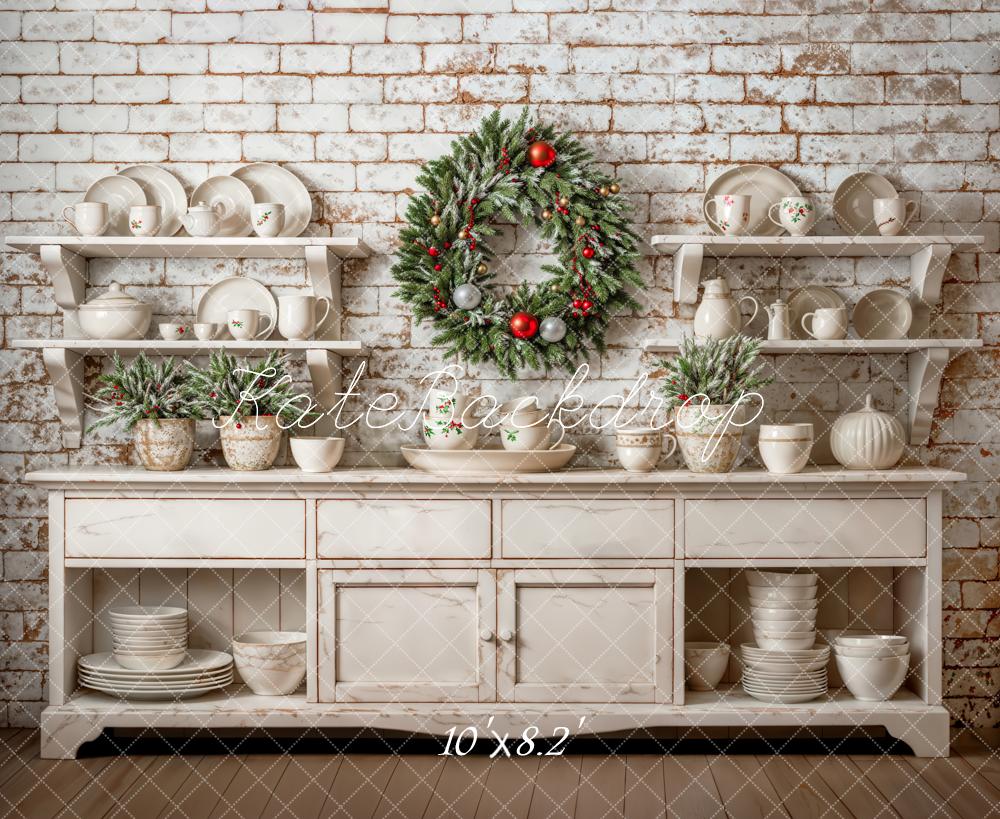 Kate Christmas Backdrop White Cabinet Brick Wall Wreath Designed by Emetselch - Kate Backdrop AU