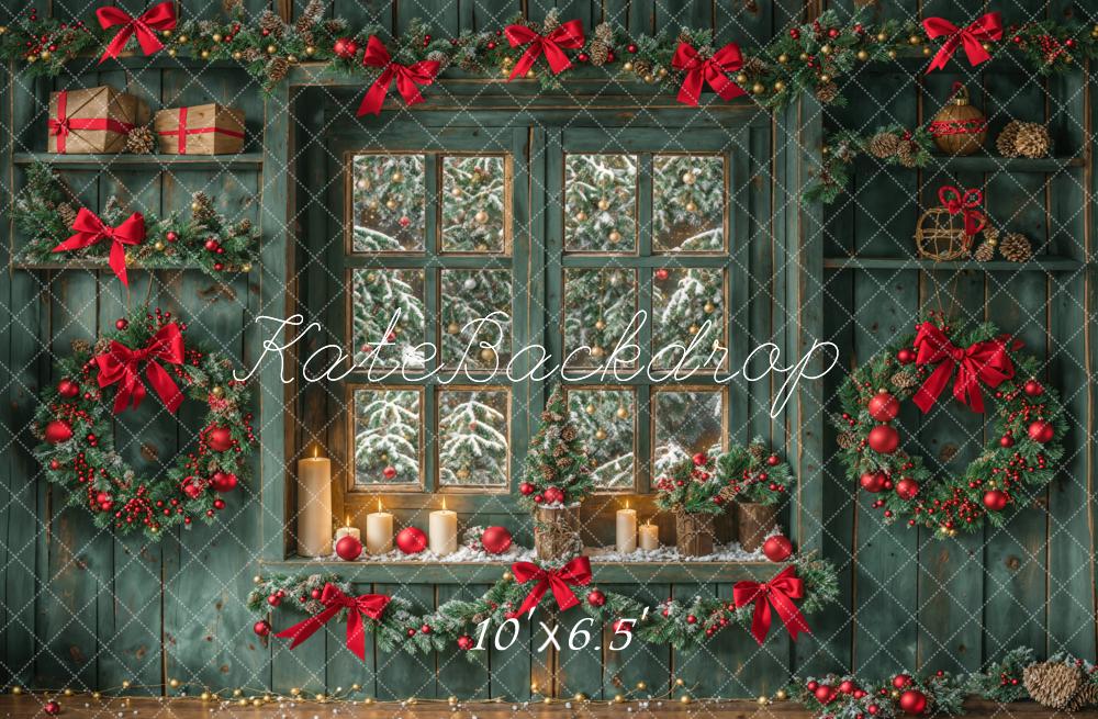 Kate Christmas Green Aged Wood Wall Window Backdrop Designed by Emetselch - Kate Backdrop AU