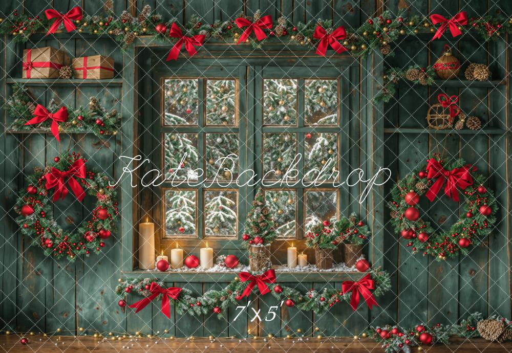 Kate Christmas Green Aged Wood Wall Window Backdrop Designed by Emetselch - Kate Backdrop AU