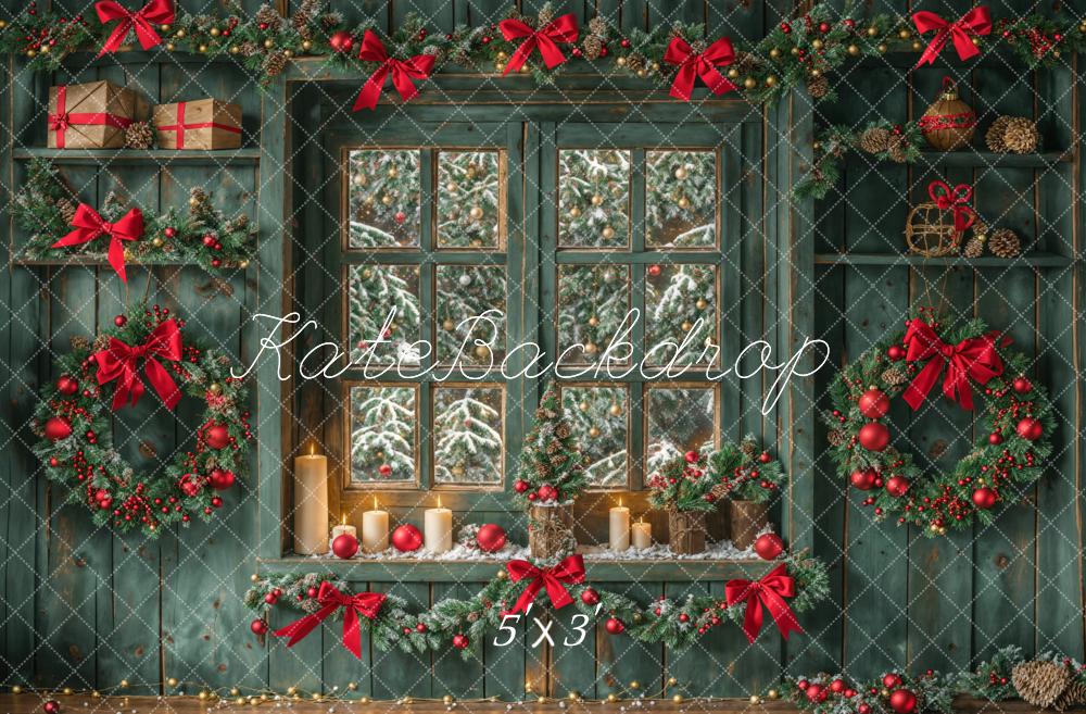 Kate Christmas Green Aged Wood Wall Window Backdrop Designed by Emetselch - Kate Backdrop AU
