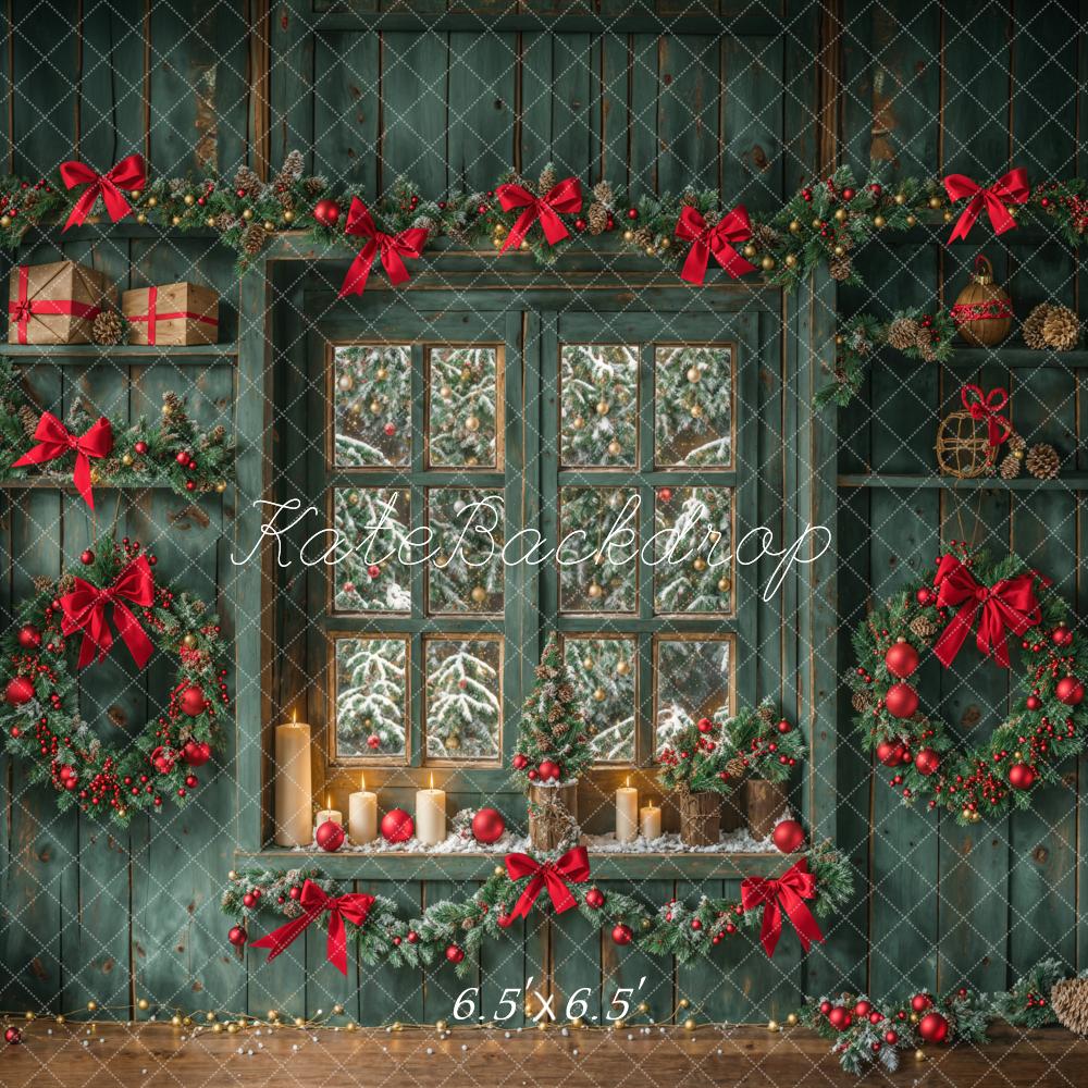 Kate Christmas Green Aged Wood Wall Window Backdrop Designed by Emetselch - Kate Backdrop AU