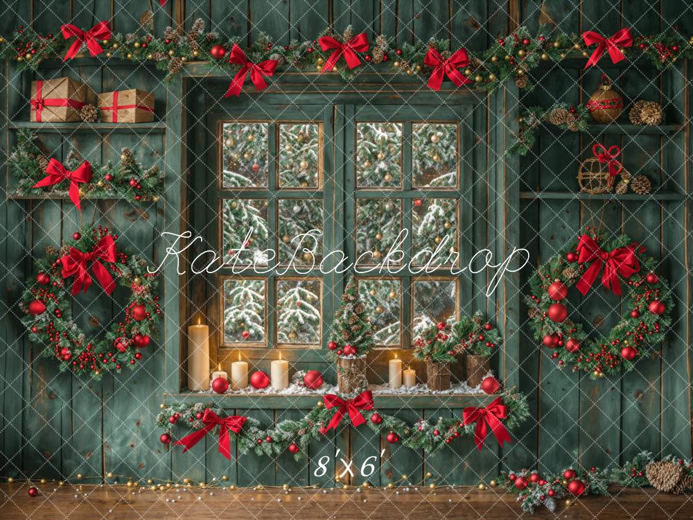 Kate Christmas Green Aged Wood Wall Window Backdrop Designed by Emetselch - Kate Backdrop AU