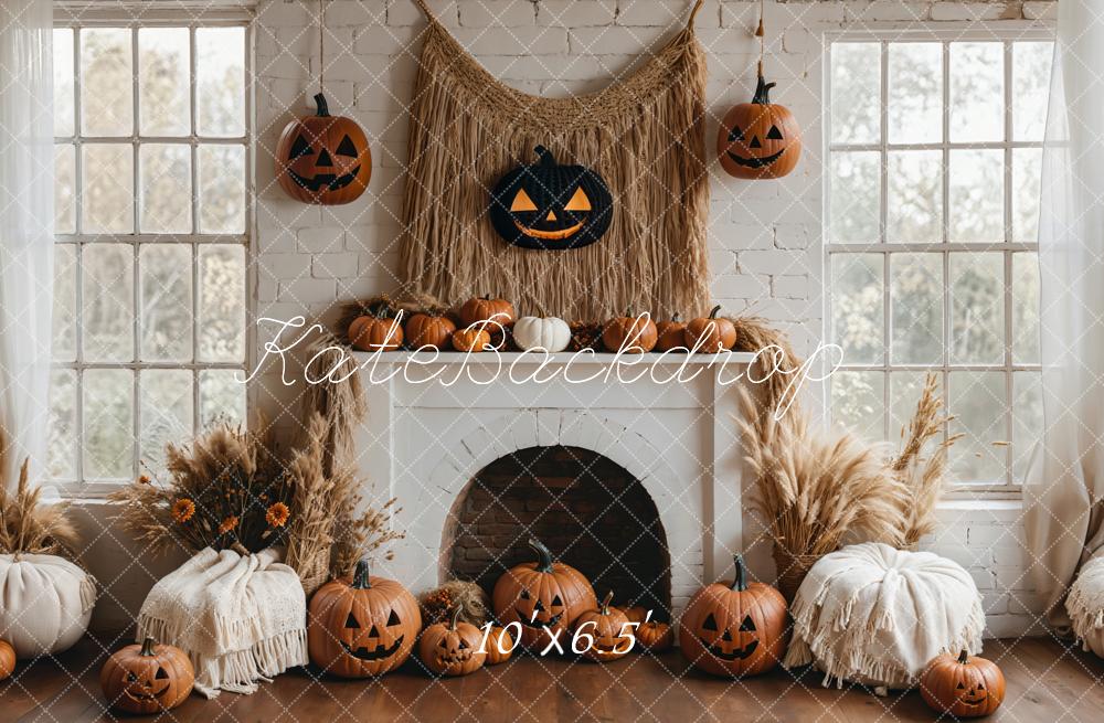 Kate Boho Halloween Backdrop White Fireplace Pumpkin Designed by Emetselch - Kate Backdrop AU