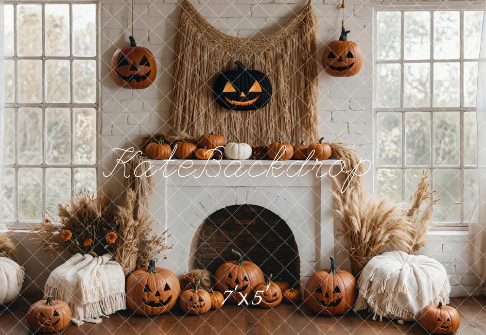 Kate Boho Halloween Backdrop White Fireplace Pumpkin Designed by Emetselch - Kate Backdrop AU