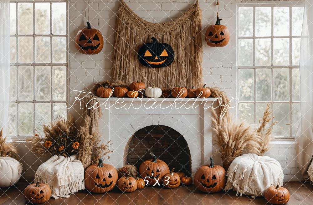 Kate Boho Halloween Backdrop White Fireplace Pumpkin Designed by Emetselch - Kate Backdrop AU