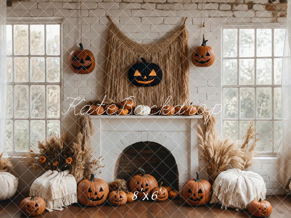 Kate Boho Halloween Backdrop White Fireplace Pumpkin Designed by Emetselch - Kate Backdrop AU