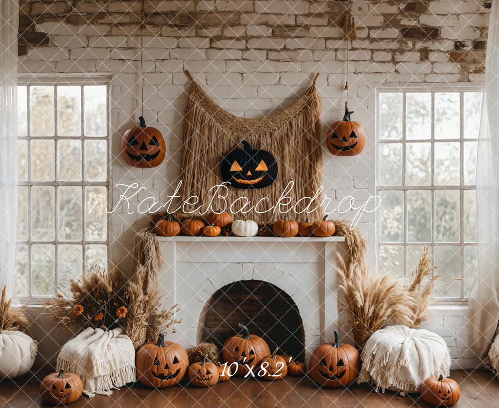 Kate Boho Halloween Backdrop White Fireplace Pumpkin Designed by Emetselch - Kate Backdrop AU
