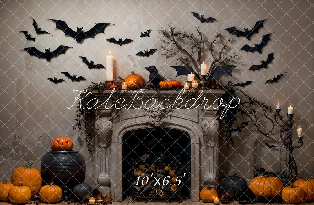 Kate Bat Halloween Backdrop Fireplace Pumpkin Designed by Emetselch - Kate Backdrop AU