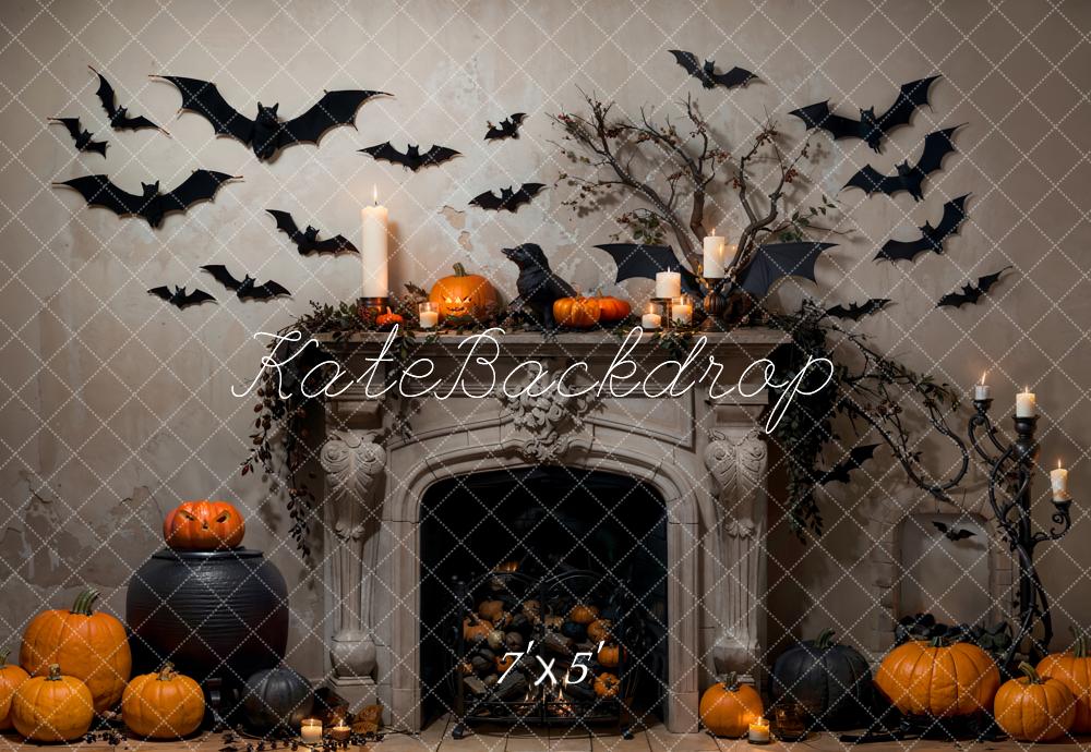 Kate Bat Halloween Backdrop Fireplace Pumpkin Designed by Emetselch - Kate Backdrop AU