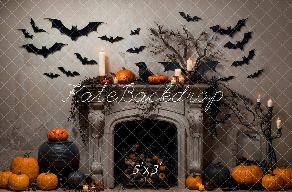 Kate Bat Halloween Backdrop Fireplace Pumpkin Designed by Emetselch - Kate Backdrop AU