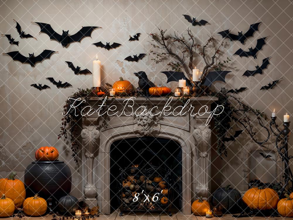 Kate Bat Halloween Backdrop Fireplace Pumpkin Designed by Emetselch - Kate Backdrop AU