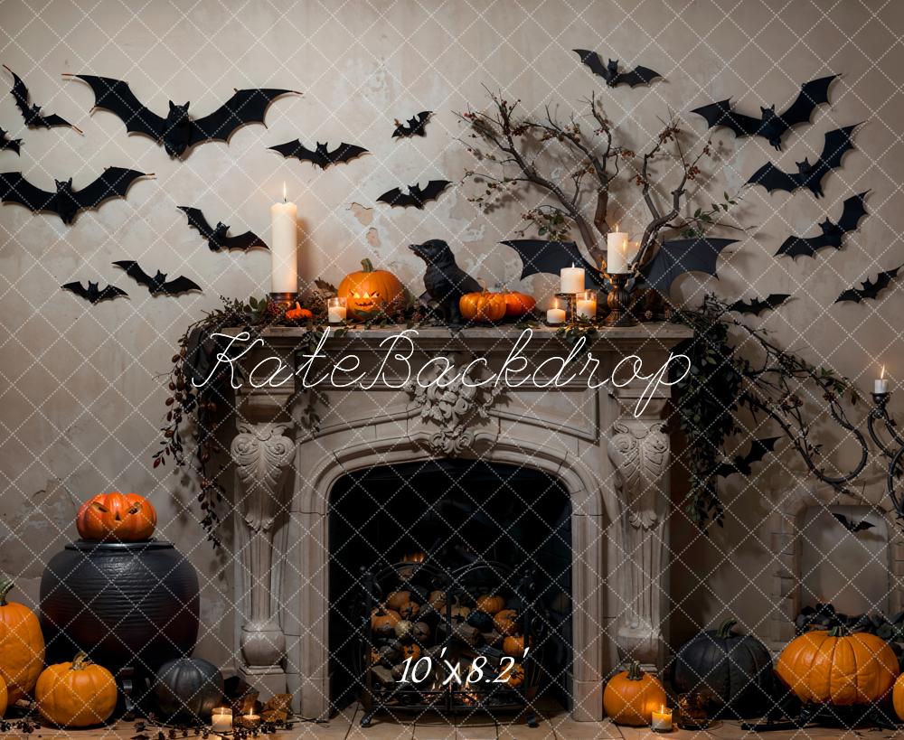 Kate Bat Halloween Backdrop Fireplace Pumpkin Designed by Emetselch - Kate Backdrop AU
