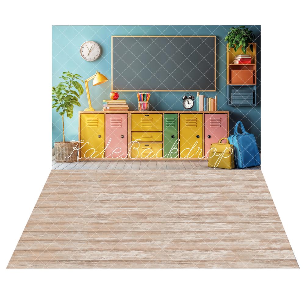 Kate Back to School Colorful Lockers Chalkboard Backdrop+Wooden Grain Floor Backdrop - Kate Backdrop AU