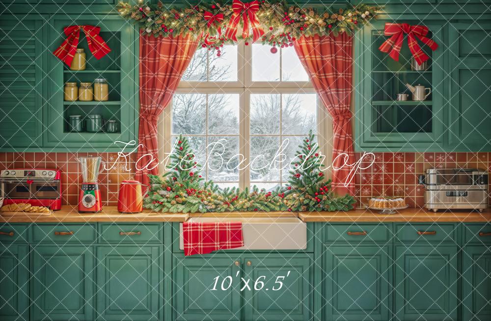 Kate Winter Green Christmas Kitchen Backdrop Window Designed by Emetselch - Kate Backdrop AU