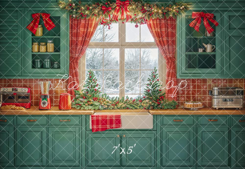 Kate Winter Green Christmas Kitchen Backdrop Window Designed by Emetselch - Kate Backdrop AU