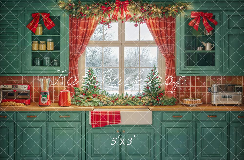 Kate Winter Green Christmas Kitchen Backdrop Window Designed by Emetselch - Kate Backdrop AU
