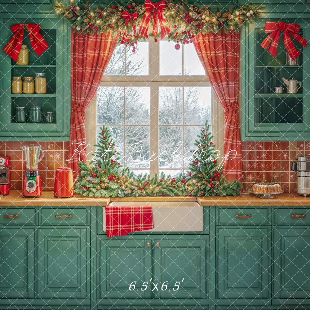Kate Winter Green Christmas Kitchen Backdrop Window Designed by Emetselch - Kate Backdrop AU