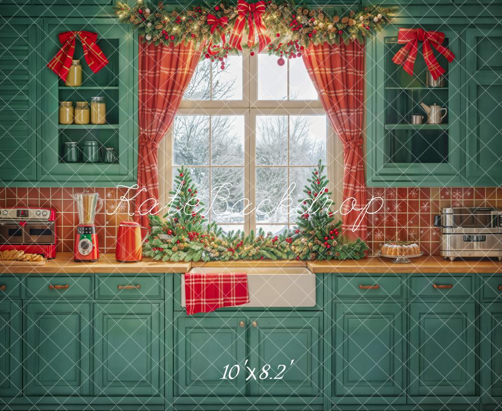 Kate Winter Green Christmas Kitchen Backdrop Window Designed by Emetselch - Kate Backdrop AU