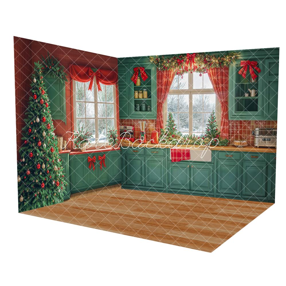 Kate Green Christmas Tree Kitchen Window Room Set(8ftx8ft&10ftx8ft&8ftx10ft) - Kate Backdrop AU